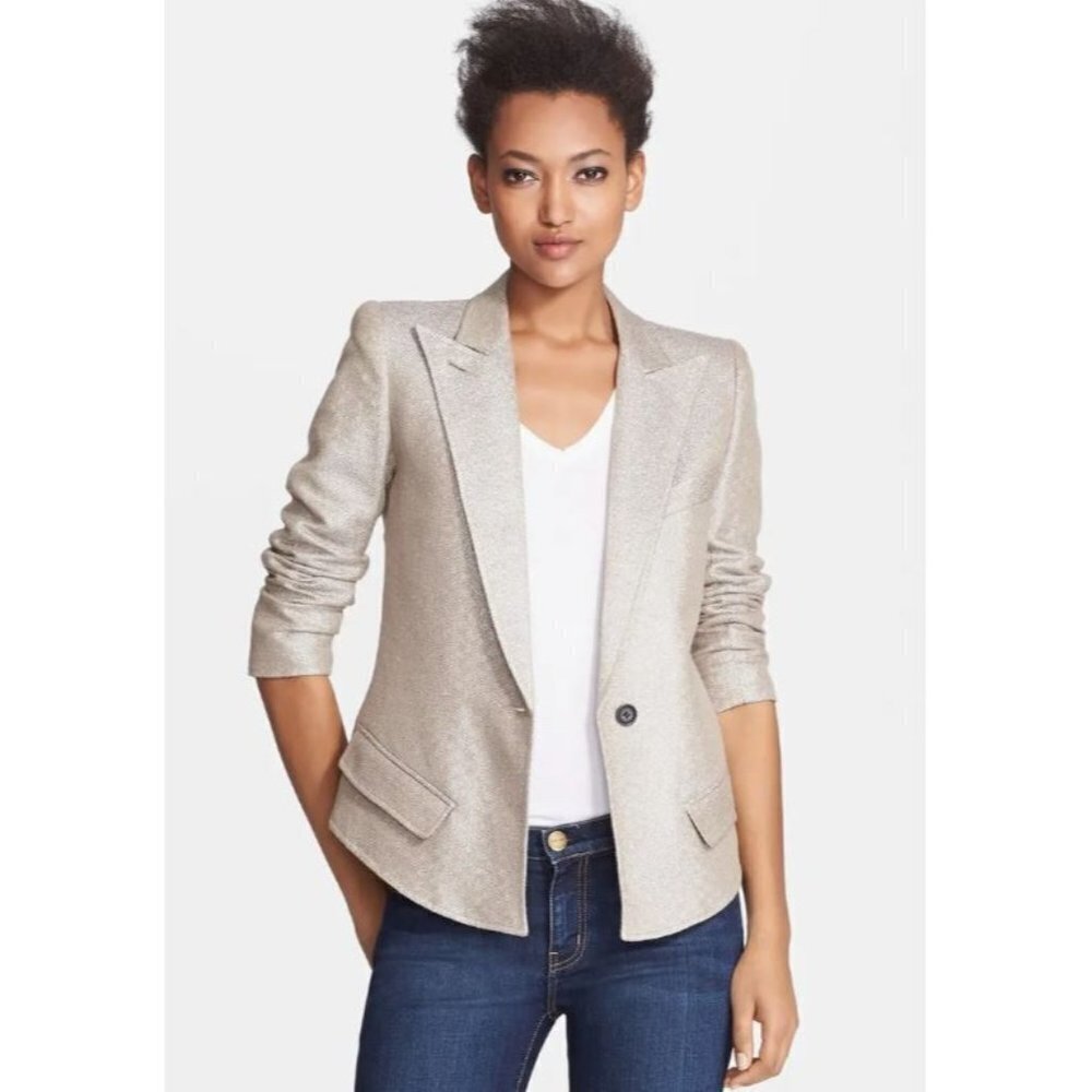 Smythe Sharp Shoulder Beige and Silver Metallic Jacket Size Small Blazer